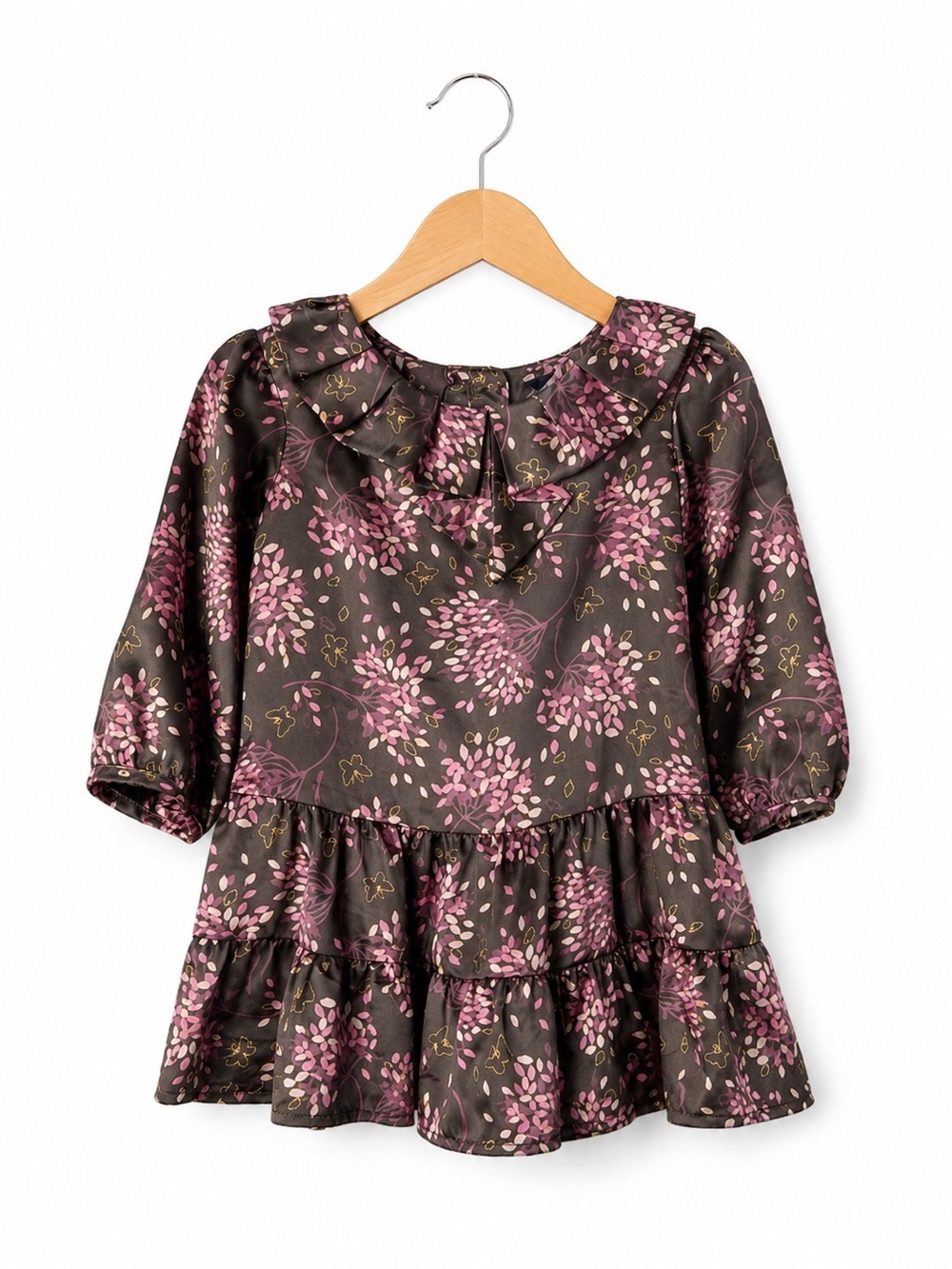 GAP Toddler Girls Satin Floral Ruffle Dress Brown Pink Tiered SZ 2T Cottagecore